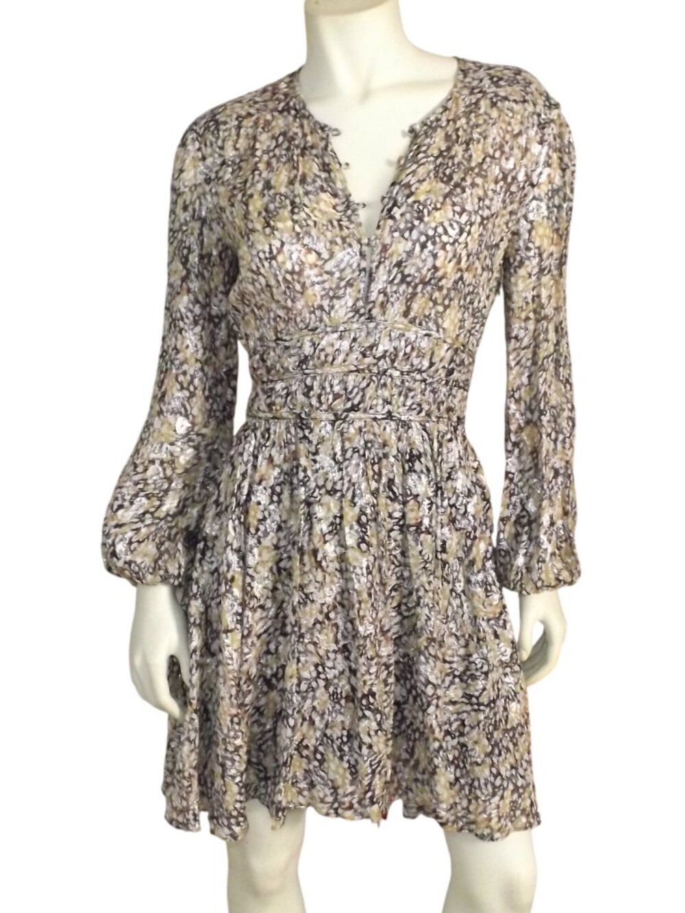 MAJE Dress, 36/S, Lurex Animal print, Long sleeves, Short, Flowy Fit & flare